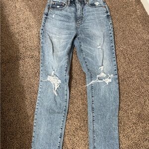 Blue Straight Leg Jeans with Distressed Details